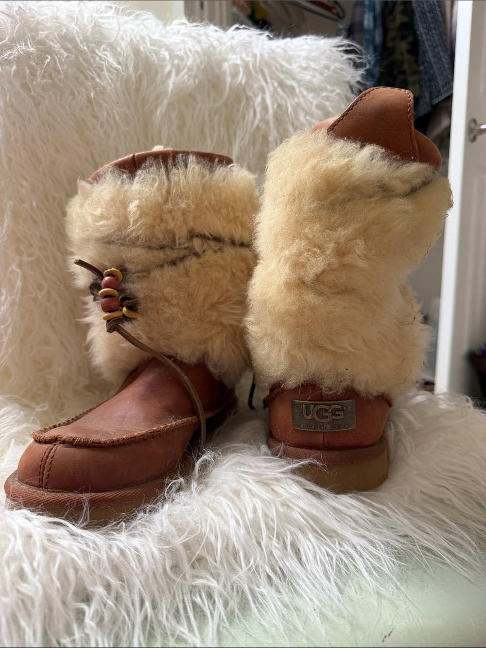 UGG Chestnut Brown Leather Slipper Boots with Cream Shearling